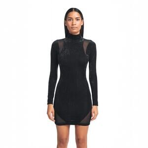 DSTM $450 Black Velvet Velour Long Sleeve Sheer Turtleneck Mini Bodycon Dress S